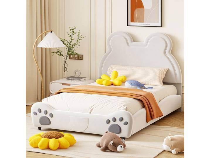 URTR Lit rembourré enfant 140x200cm - Tête de lit en forme d'ours - Pieds métal - Sommier 12 lattes - MDF/Velours - Blanc
