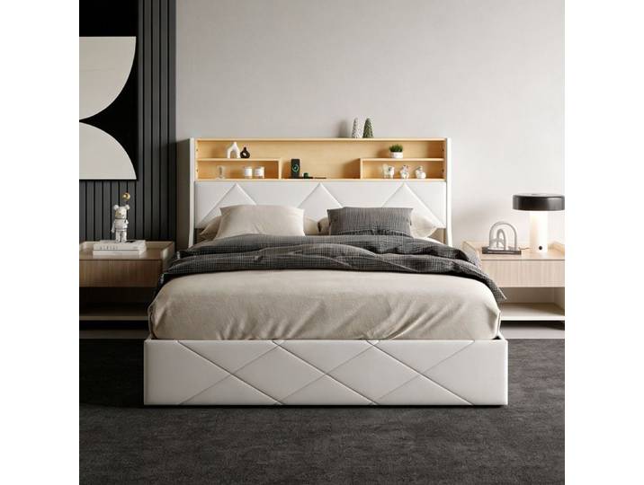 Lit coffre 140x200 cm avec coffre de lit cadre de lit double avec sommier à lattes et LED tissu en PU 140x200 blanc