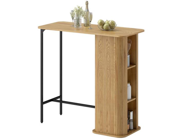 ComfortXL Bartisch De-14806 3 Ablagen im Lamellen-Design Naturholz, Naturfarben, 50x106x112 cm, Esszimmer, Barmöbel, Bartische