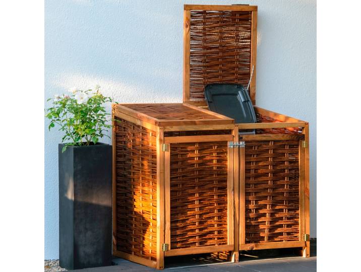 Mülltonnenbox DOBAR, braun (braun, dunkelbraun), B:125cm H:115cm T:80cm, Holzwerkstoff, Aufbewahrungsboxen, Mülltonnenbox, 2x120l, BxTxH: 125x80x115 cm