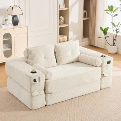 HOMEFUN Corduroy Upholstered 2-3 Seats Thick Back Support Convertible Sofa Bed With Minimalist Design