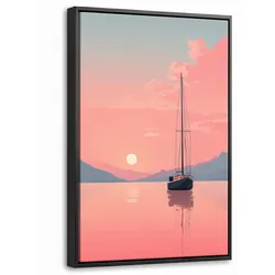 LEINWAND Bilder mit Rahmen - Segelboot - Rosa Meer - Sonnenuntergang - Berge - 40x60