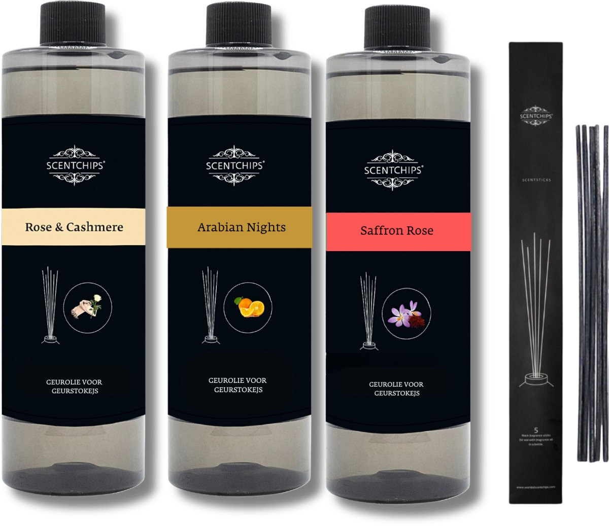 Scentchips Geurstokjes Navulling Set van 3 - Rose & Cashmere, Arabian Nights en Saffron Rose - 400ml per stuk