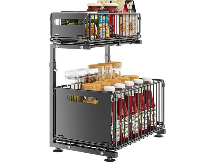 Rangement sous Évier en Métal à 2 Niveaux avec Tiroir de Rangement Coulissant Étagère sous Évier Organiseur pour Cuisine et Label
