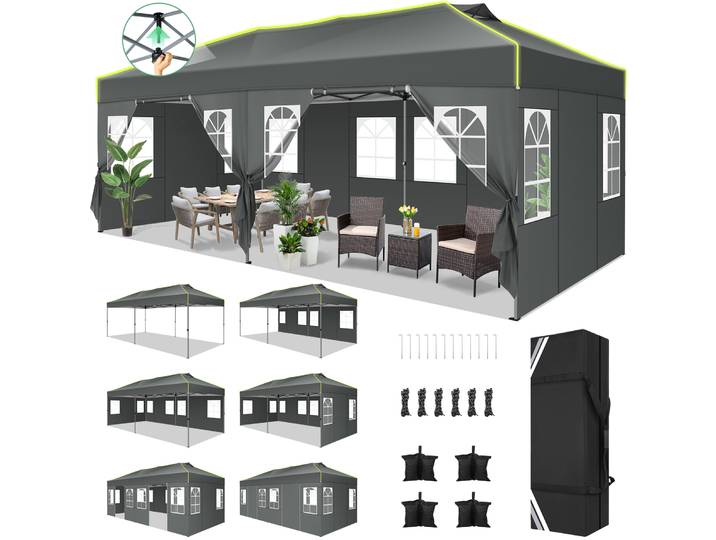 Tente à baldaquin Pop-Up 3x6m avec 6 parois latérales amovibles, tente de fête à une poussée, auvent d'événement extérieur étanche avec évent pour fête