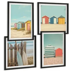 BILDER SET 4er Set - 50x50 cm & 40x60 cm Schwarzer Rahmen - Bunte Strandhäuser