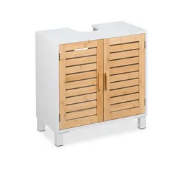 Relaxdays Waschbeckenunterschrank mit 2 Türen, HBT: 60x60x32 cm, Bambus & MDF, Badunterschrank Waschbecken, weiß/natur