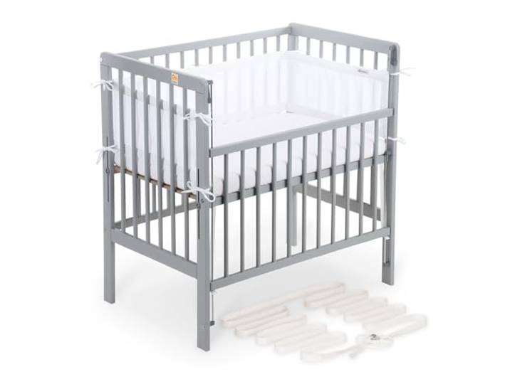 FabiMax Boxspring Baby Beistellbett Flex 90x55, aus Buchenholz grau lackiert, mit innovativem verstellbarem Seitengitter, passend für Boxspringbetten (Matratze Comfort, Weiß)