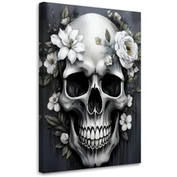 WANDBILD totenkopf mit weißen blumen