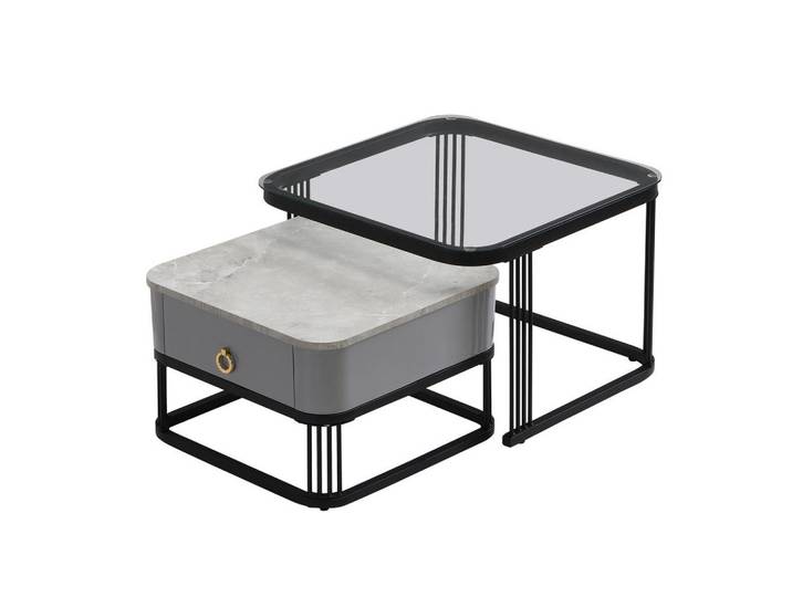 Flieks Couchtisch Stapelbar 2er-Set Hochglanz Marmoroptik Glasplatte Schwarze Beine, Holz, 68x26.5x72 cm, Wohnzimmer, Wohnzimmertische, Couchtische