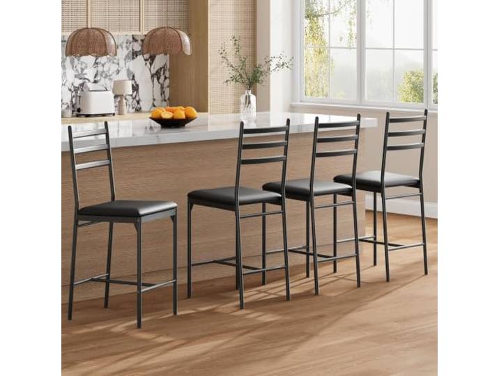 IDEALHOUSE Gepolsterte Barhocker in Thekenhöhe (56 cm) mit Rückenlehne & Fußstütze, PU-Leder, Dicke Sitzpolsterung, Metallgestell, klassisch-Design – 4er Set, Dark Coffee Gold Beads