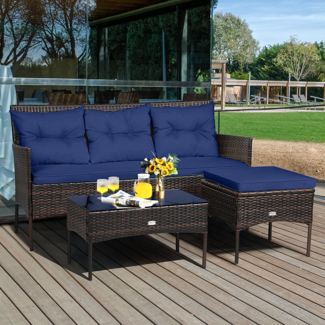 Marlow Home Co. 3 PCS Patio Rattan Conversation Set Garden Corner Sofa Set W/ Coffee Table-Navy Blue 3