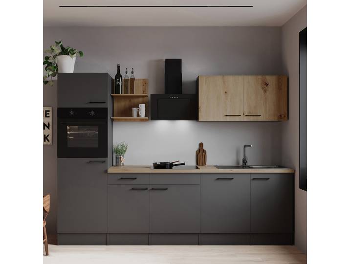 Autarke Küchenzeile Oliver 280 cm 280 x 205 x 60cm Holz/Grau/Matt Grau/Eiche Artisan Dekor ohne Kühlschrank
