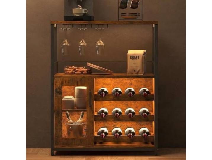Garvee Weinschrank Weinregal Industrial Barschrank mit Verstellbarem Weinregal und Glashalter Getränkeaufbewahrung Weinbarschrank für Küche Esszimmer Wohnzimmer 70x35x92 cm Retro