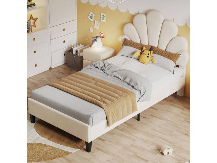 Lit princesse - LUMINARIX - 90x200 cm - Tête de lit fleur - Velours beige - Sommier à lattes