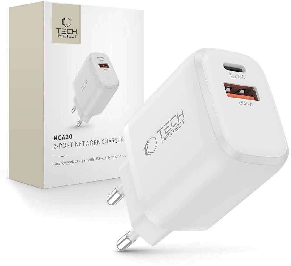 Tech-Protect Vægoplader m. 20W - 1 x USB-A (QC) & 1 x USB-C (PD) - Hvid