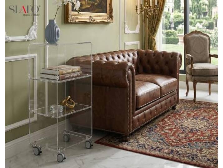 Slato Cleo Large ï Couchtisch mit Vier Etagen mit Rädern für das Wohnzimmer, Vitrine mit Rollen, Couchtisch auf der Sofa, modernes Design aus Acryl transparent, hergestellt in Italien