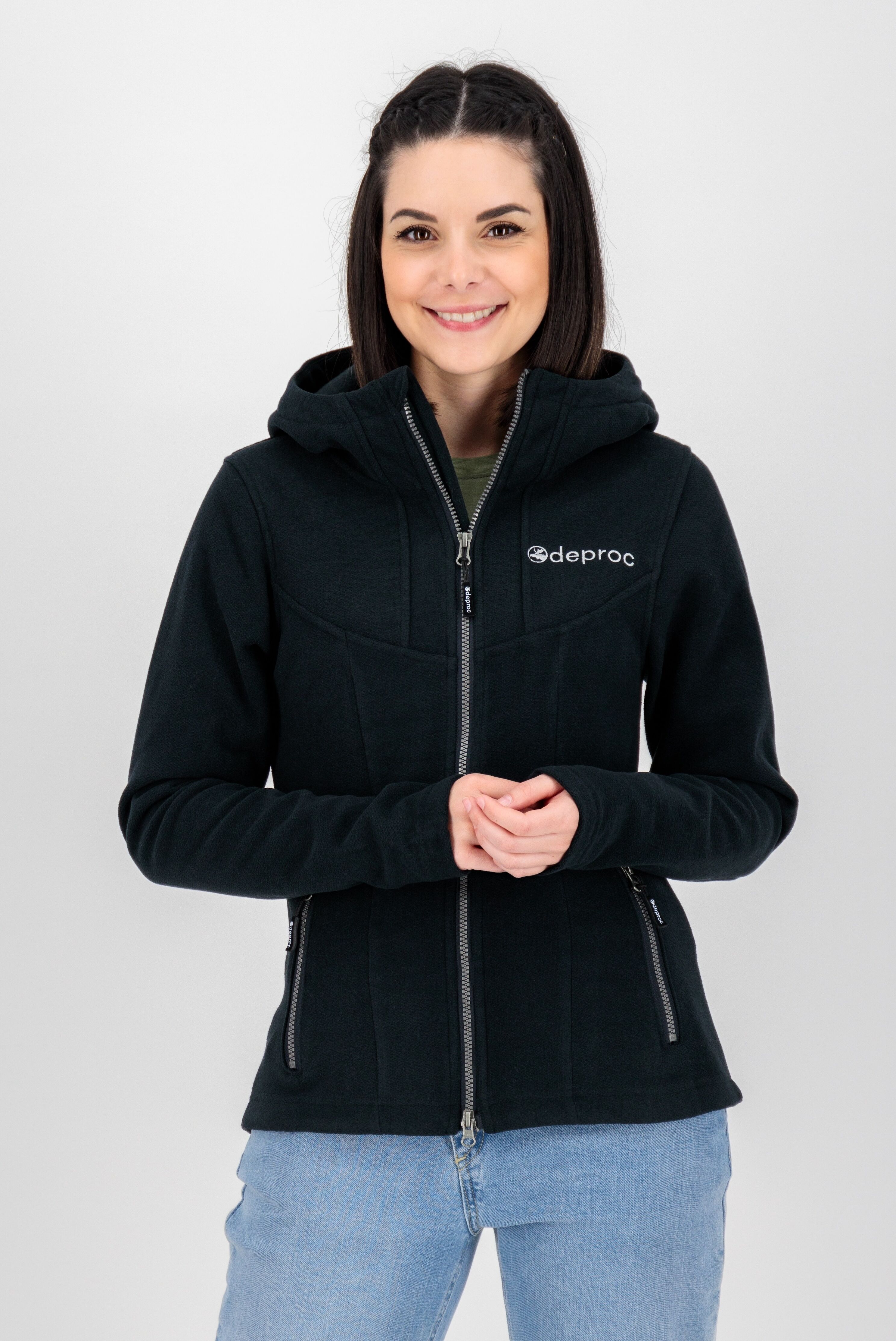 Strickfleecejacke DEPROC ACTIVE "GLORY MAY", Damen, Gr. 48 (XL), grau (anthrazit), Fleece, 100% Polyester, figurbetont hüftbedeckend, gerader Abschluss, Jacken Strickfleecejacke, mit 2-Wege-Reissverschluss anthrazit 48 (XL)