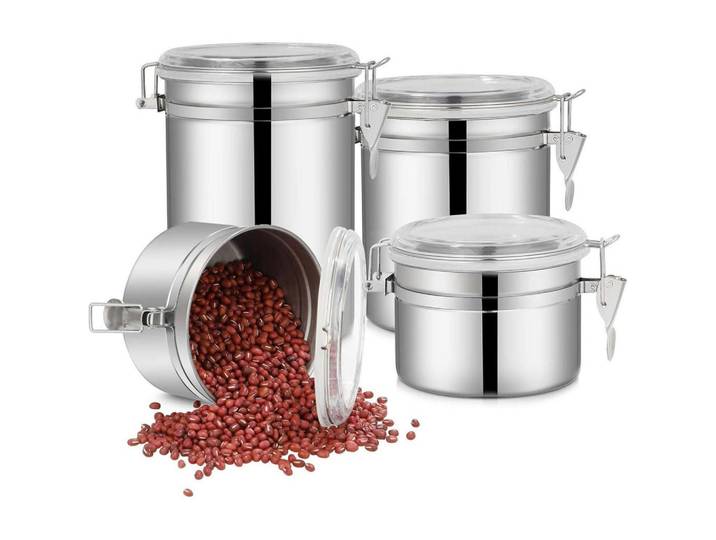 Vorratsdosen Set Edelstahl Luftdicht 4-teilig, Silberfarben, Metall, 12x14.5x12 cm, Küchenzubehör, Vorratsbehälter, Vorratsdosen