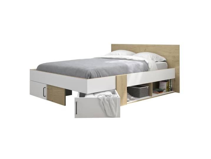 DIAGONE Lit adulte avec tiroirs de rangement - Chêne et blanc - 140 x 190 - SWIVEL