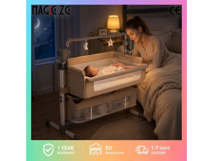Lit cododo électrique multifonctionnel 3-en-1 pour bébé, berceau de voyage portable avec mode de balancement intelligent à 5 vitesses, co-lit à côté de moi avec roues verrouillables, tissu respirant