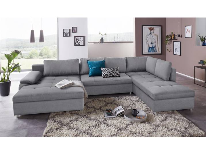 Wohnlandschaft, Struktur fein, Grau 346×90 cm, U-Form, Beidseitig Montierbar, Modern, SIT & MORE