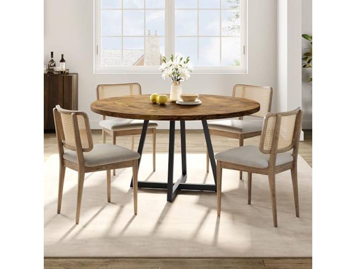 Garvee Esstisch Rund 120cm Küchentisch Holz mit Ablage Vintage Braun, Runder Holz-Esstisch Industrial Design mit Metallgestell für 4-6 Personen, Speisetisch für Esszimmer Küche Wohnzimmer