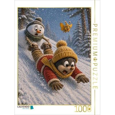 CALVENDO Puzzle Rutschpartie im Winterwald | 1000 Teile Lege-Größe 64x48cm Foto-Puzzle für glückliche Stunden
