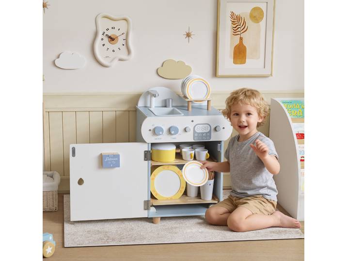 AIYAPLAY Set Cuisine Enfant MDF Bleu Clair avec Évier & 32 Accessoires