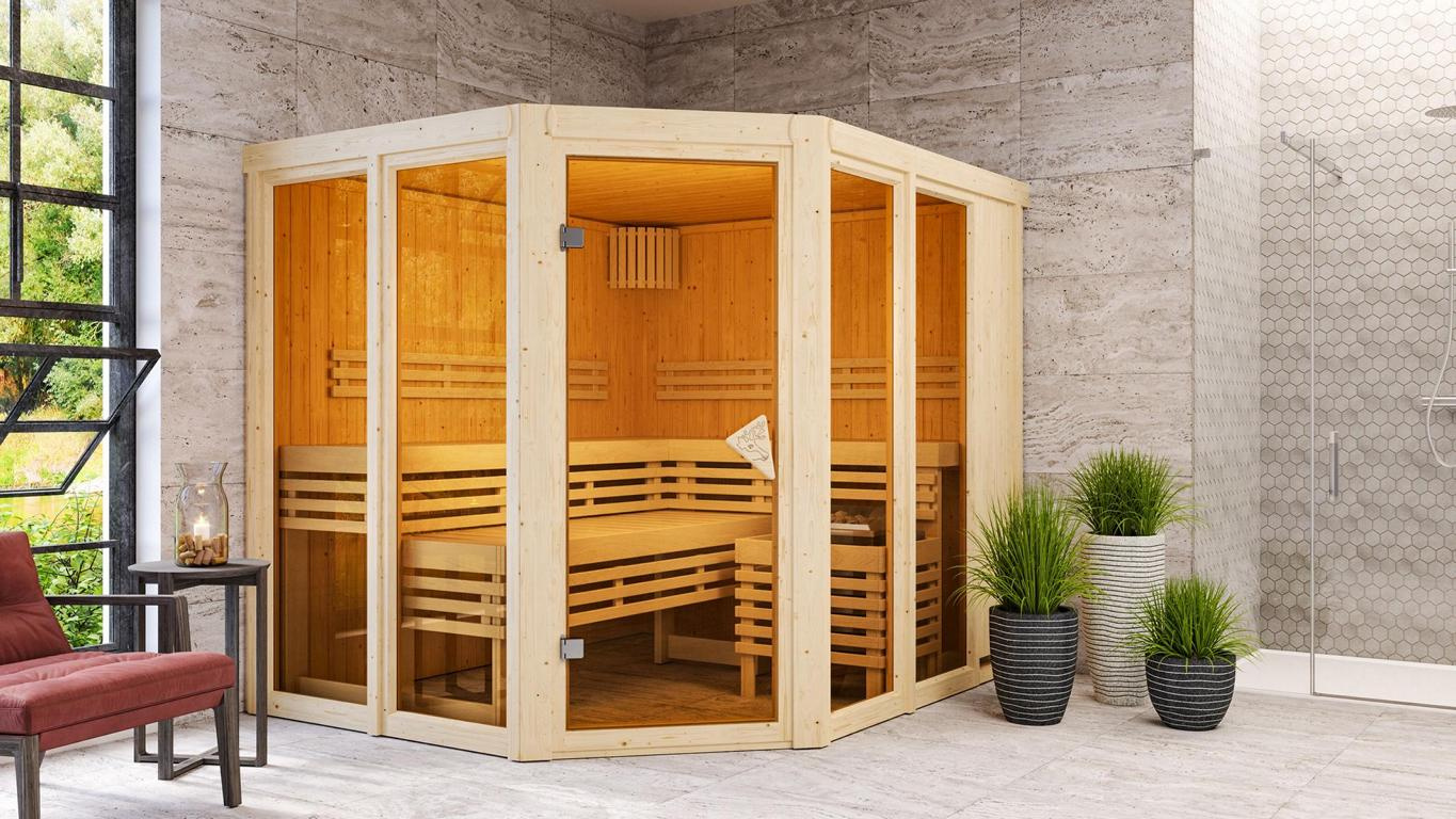 KARIBUHOLZT Sauna Ainur 3 Eck, 9kW integr.Strg bronz.GGT 16879750