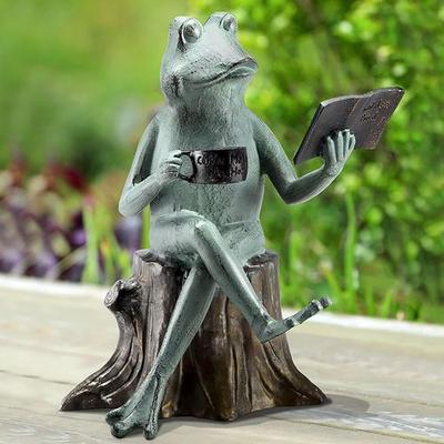 San Pacific - Ds Joy of Reading Frog Garden Sculpture Verdi Bronze , Verdi Bronze