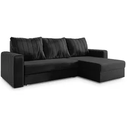 ECKSOFA CARL Schwarz Plüsch-Stoff mit Schlaffunktion