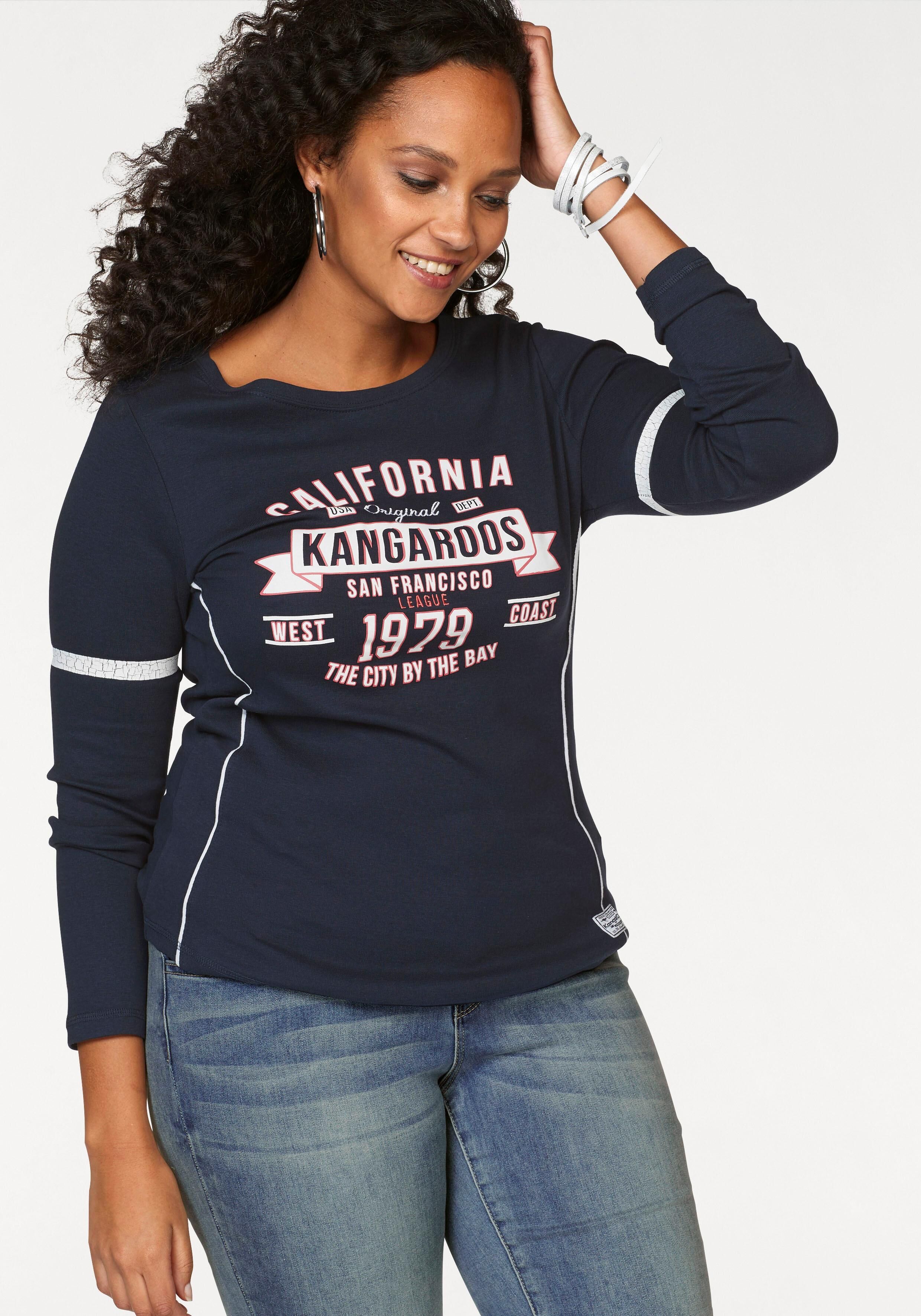 Langarmshirt KANGAROOS, Damen, Gr. 44/46, blau (marine), Rippware, Obermaterial: 100% Baumwolle, bedruckt, sehr figurbetont hüftbedeckend, Rundhals, Shirts Langarmshirt, Langarm, sehr figurbetont, bedruckt und mit Stickerei marine 44/46