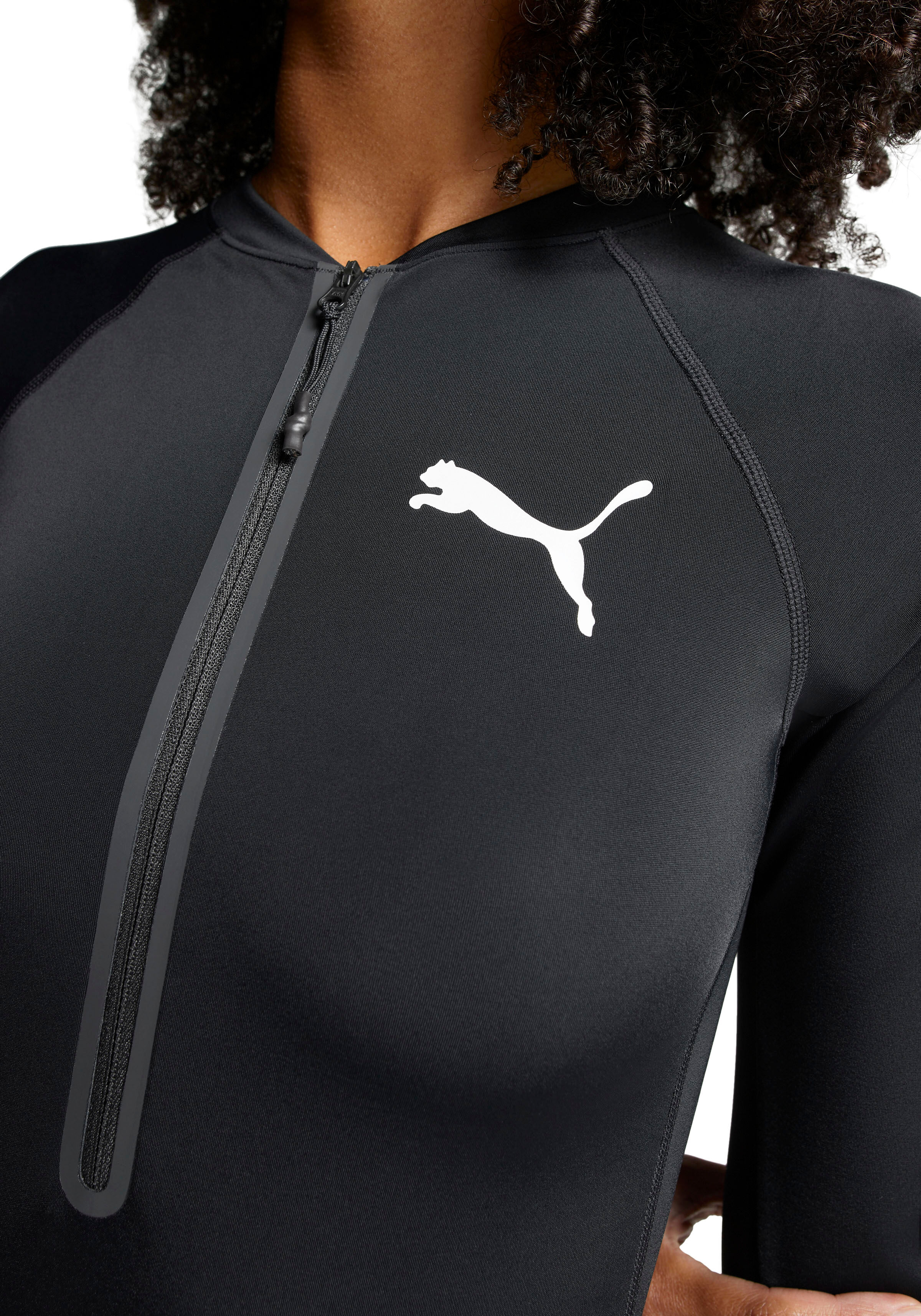 Badeanzug PUMA "PUMA SWIM WOMEN LONG SLEEVE SURF SUIT", Damen, Gr. M, N-Gr, schwarz, Elasthan, Polyester, unifarben, Badeanzüge Badeanzug, mit Logodruck, Surfanzug, langärmelig