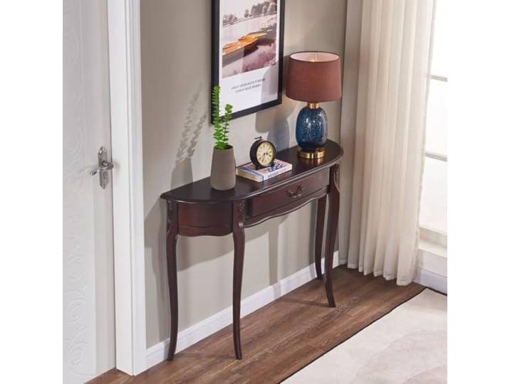 LJWFZBD Massivholz Konsolentisch, Halbrunder Flurtisch mit Schublade, 85cm Massivholz, schmaler Eingangstisch, Vintage-Design, kompakter Flurtisch, stabile Struktur(Dark Walnut,47.2 (120cm))