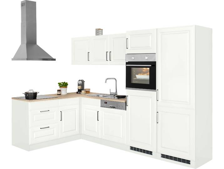 Winkelküche, MDF, Weiß & Eichefarben, 290×170 cm, Induktionskochfeld, Landhaus, Kochstation