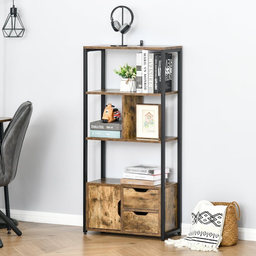 Homcom Bibliothèque industrielle 3 étagères porte 2 tiroirs acier noir bois Marron 58x122x24cm