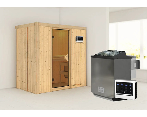 Elementsauna Karibu Mariado inkl. 9 kW -Ofen und externe Steuerung ohne Dachkranz mit bronzierter Ganzglastüre