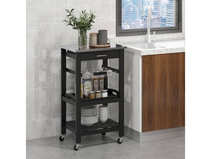 GIANTEX Chariot de Service Roulant Plateau Amovible Tiroir Desserte de Cuisine à Roulettes Pieds en Bois de Pin 47x39x85cm Noir