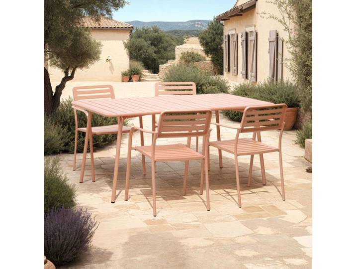 Table de jardin + 4 fauteuils empilables en métal terracotta - BACA