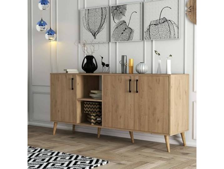 Dmora Sideboard Menkalinan 180x45x80 cm Braun 3 Regale 3 Türen