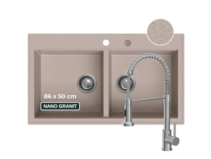 SINK QUALITY Doppelspüle beige mit Armatur, Granitspüle Doppelbecken 86x50 cm, Doppel Spülbecken mit Siphon und Imprägniermittel, 2 Becken Küchenspüle ab 85er Unterschrank