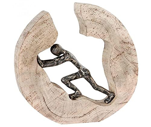 Casablanca Pushing Deco Figuur Sculptuur - Bruin/Brons - Mangohout en Metaal - Hoogte: 29 cm
