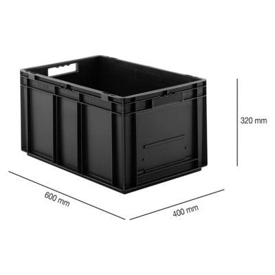 Euro Box SSI Schäfer EF 6320, 63,7 l, Traglast bis 20 kg, Euronorm, stapelbar, Durchfassgriff, L 600 x B 400 x H 320 mm, leitfähiges PP, schwarz