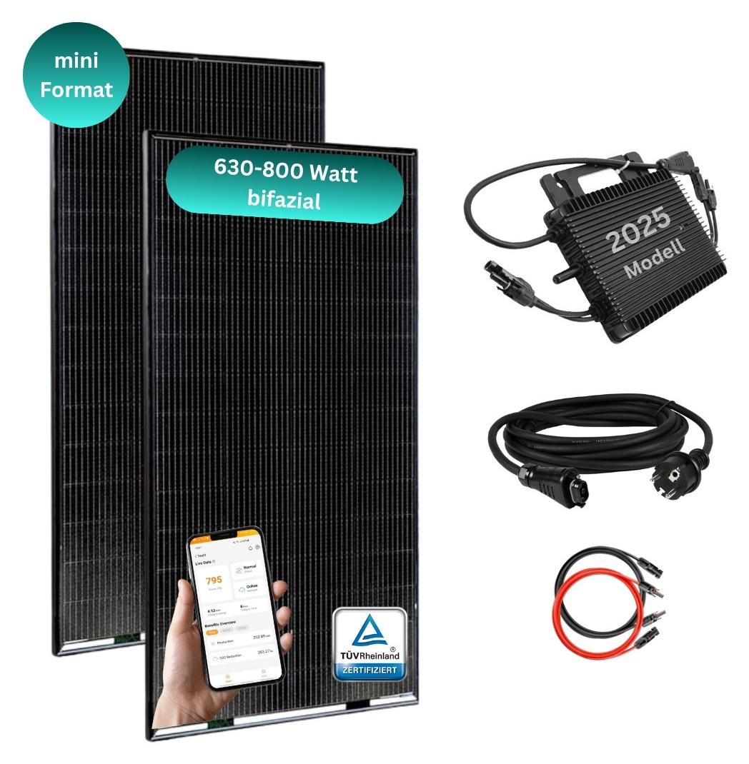 MYVOLTAICS Balkonkraftwerk MyBasic 630+ Watt Mini-Format (1,65m x 0,88m) 2x 315+ Watt Glas-Module, bifazial, WLAN Wechselrichter, Steckerfertig - einstecken. fertig. - 5m