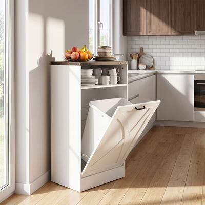 Parrot Uncle 38-inch Farmhouse White Wood Barn Door Tilt Out Trash Can Cabinet with Storage Shelf