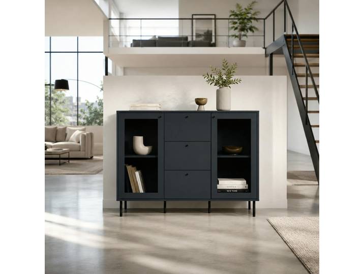 Buffet vitrine bleu sombre 2 portes 3 tiroirs RAVEN