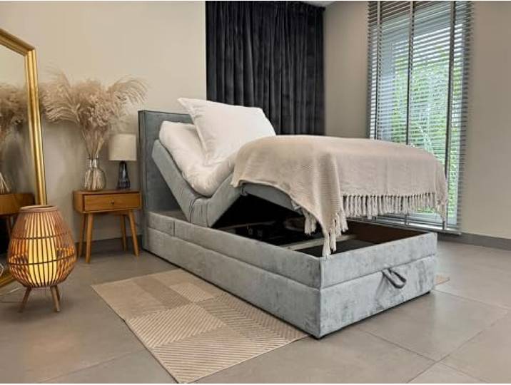 TRADA Boxspringbett 100 x 200 cm, Elektrische Bett mit Matratze, Grau SORRENTO, Bett mit Kopfteil, Topper und Bettkasten, Stoffbezug Veloursstoff