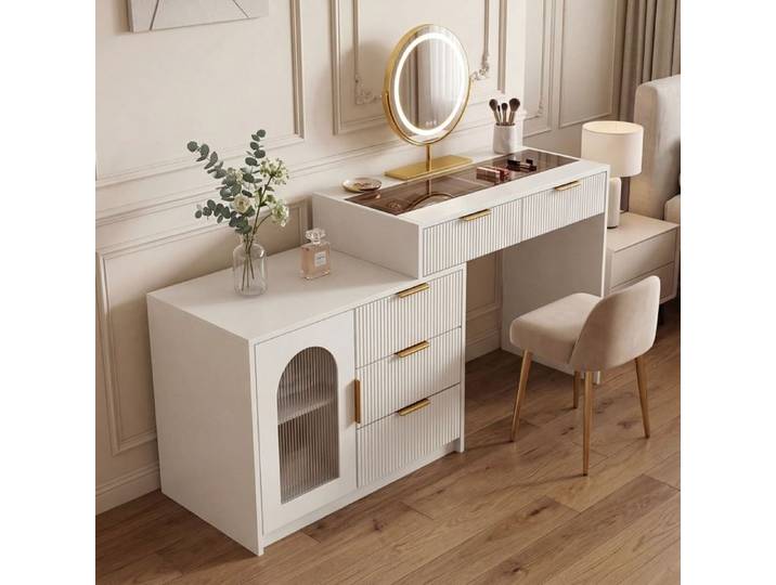 Coiffeuse Moderne avec Plateau en Verre Coiffeuse Extensible avec Miroir LED Table de Maquillage avec 5 Tiroirs de Rangement