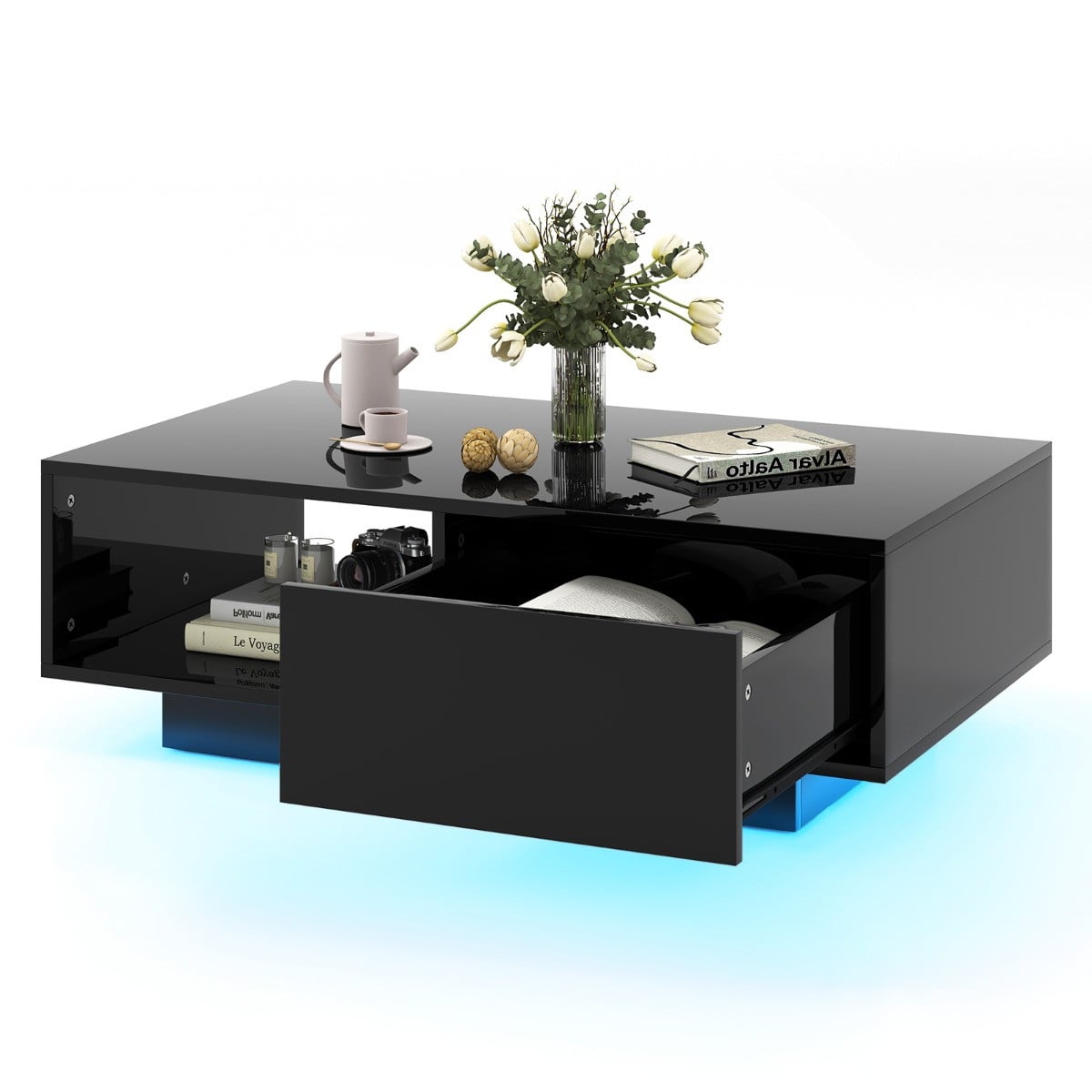Costway Moderne LED Salontafel in Hoogglans met Open Vak, Lade en Verlichting in Zwart